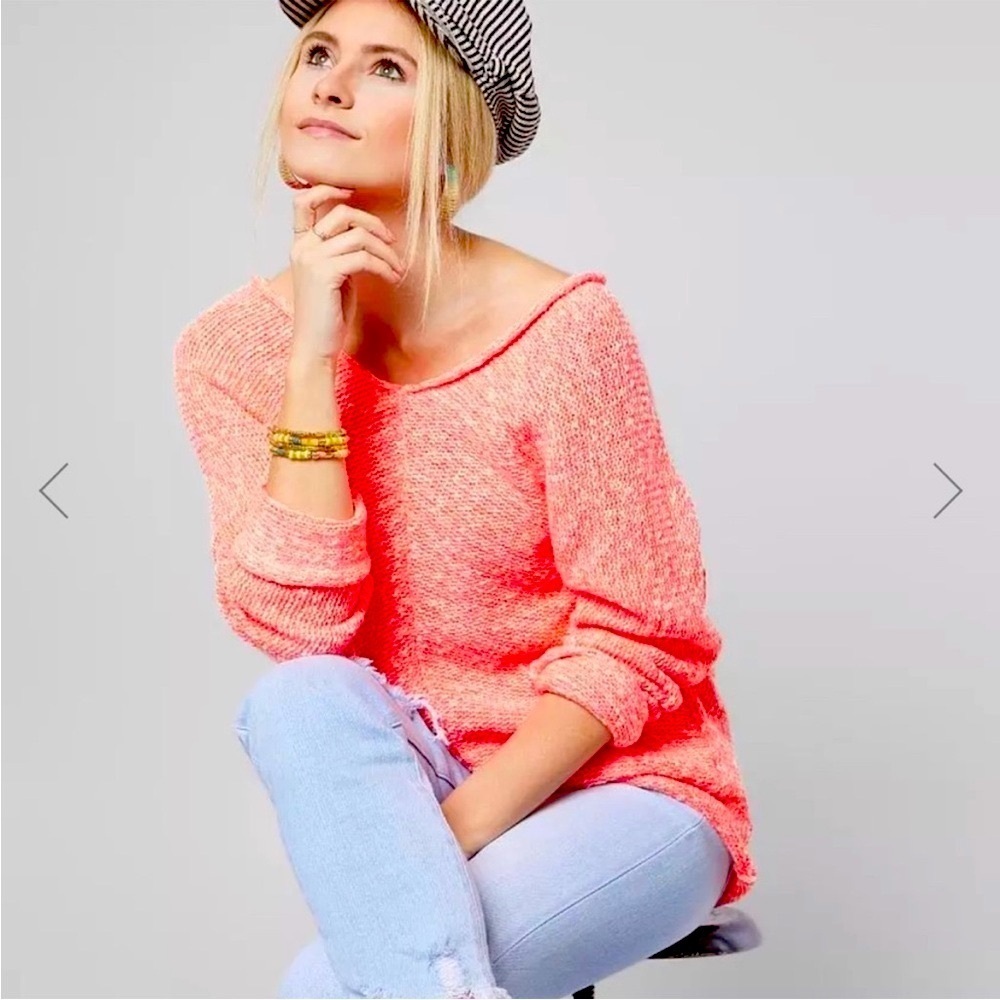 Free People Bright Lights Neon Pink Flamingo Slouchy Sweater, Sz XS